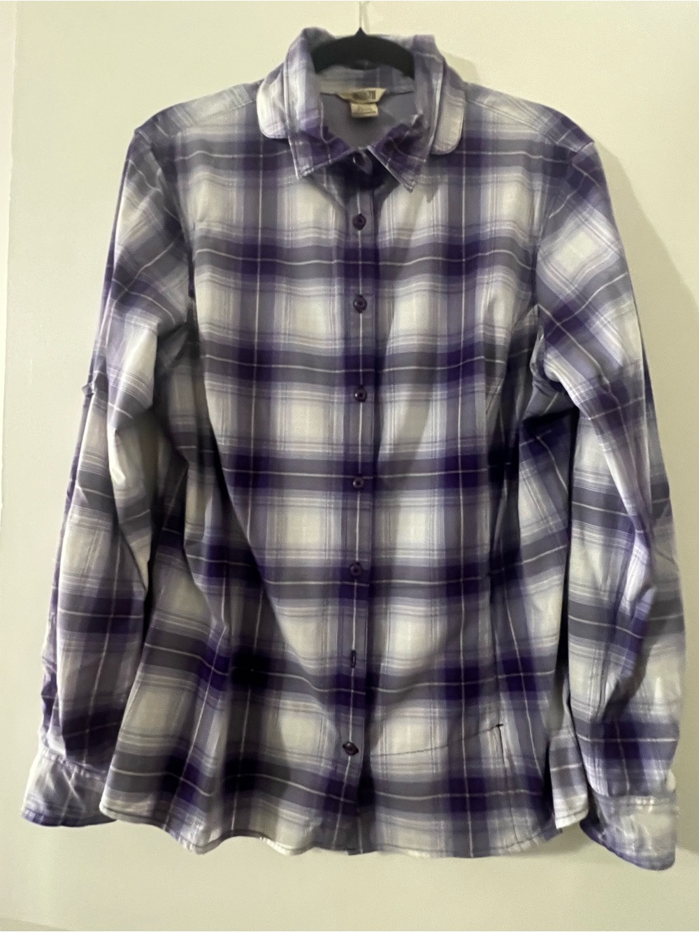 Duluth Trading Purple White Plaid Lightweight Stretch Button Front XL - Picture 2 of 5